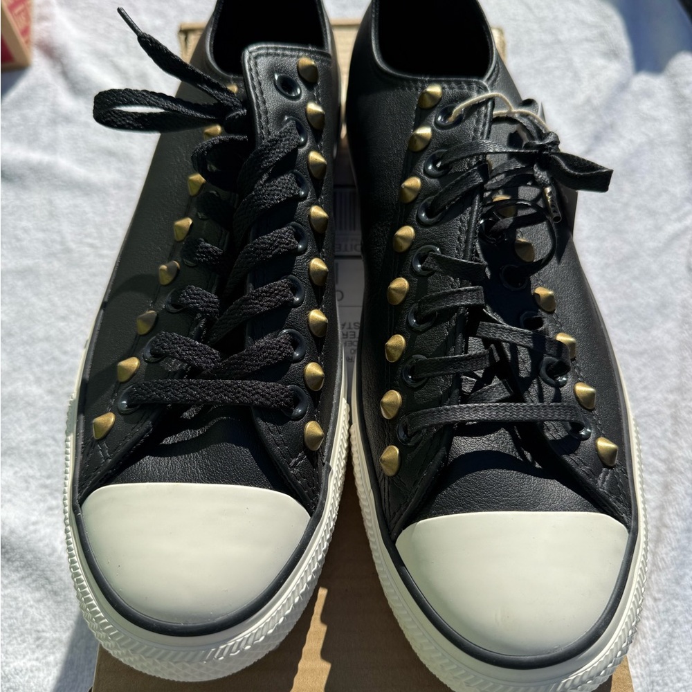Converse Black Low-Top Sneakers with Gold Studs and White Toe Caps